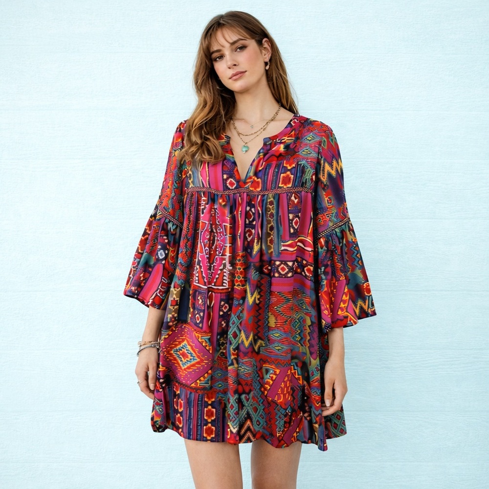 Uncle Frank Patchwork Dress Aztec Western Print V-Neck 3/4 Bell Sleeves M - Picture 11 of 11